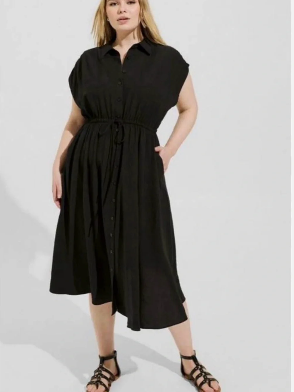 torrid NWT Black Dolman Midi Button-Front Dress with Tie Waist - Picture 5 of 9